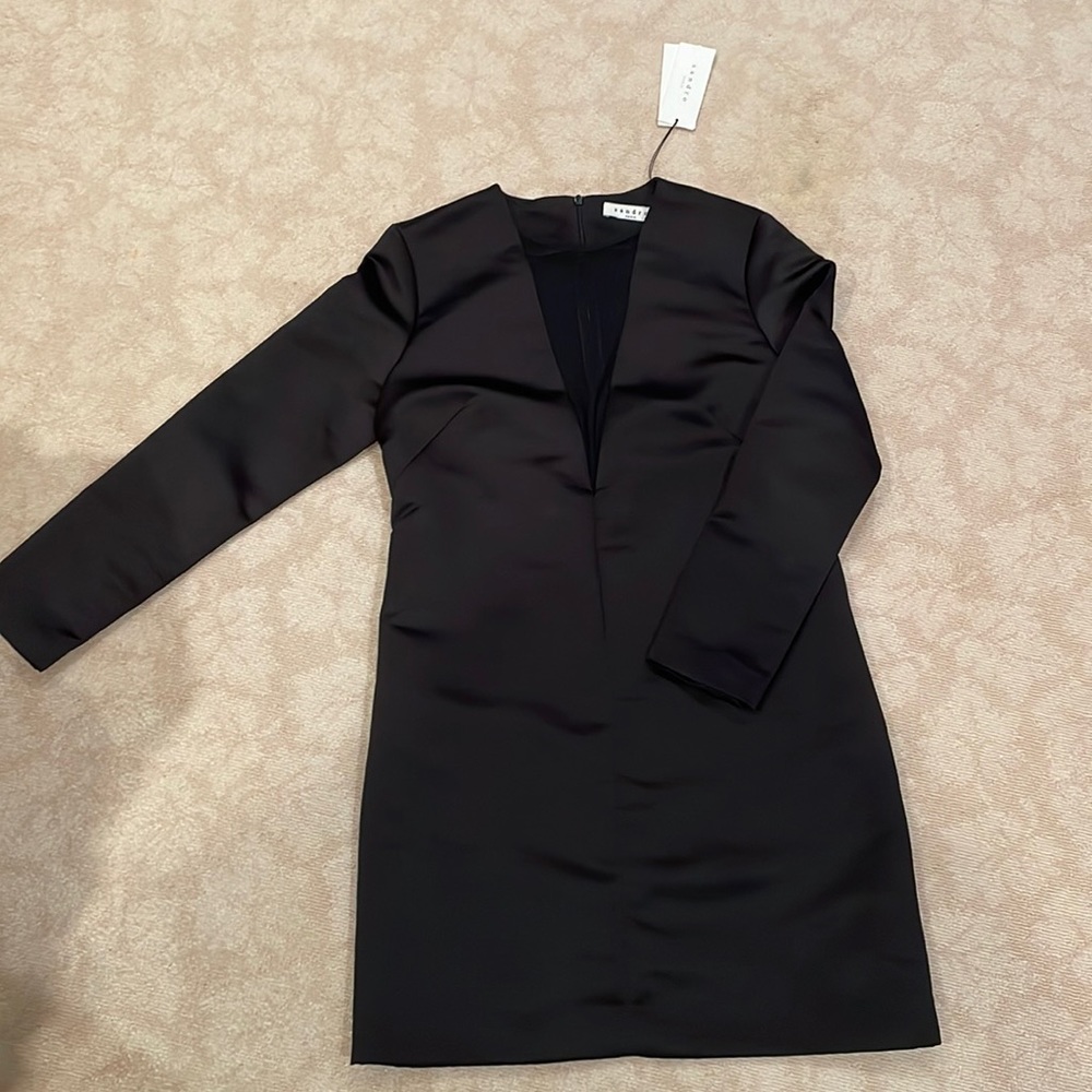 NWT Sandro - Black Satin Shift Dress W/ Plunge Mesh Neckline Sz 2